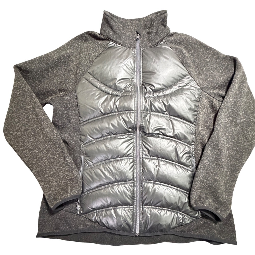 London Fog Mens XL Dark Gray Hybrid Puffer Jacket Down Fill Knit Sleeve Full Zip